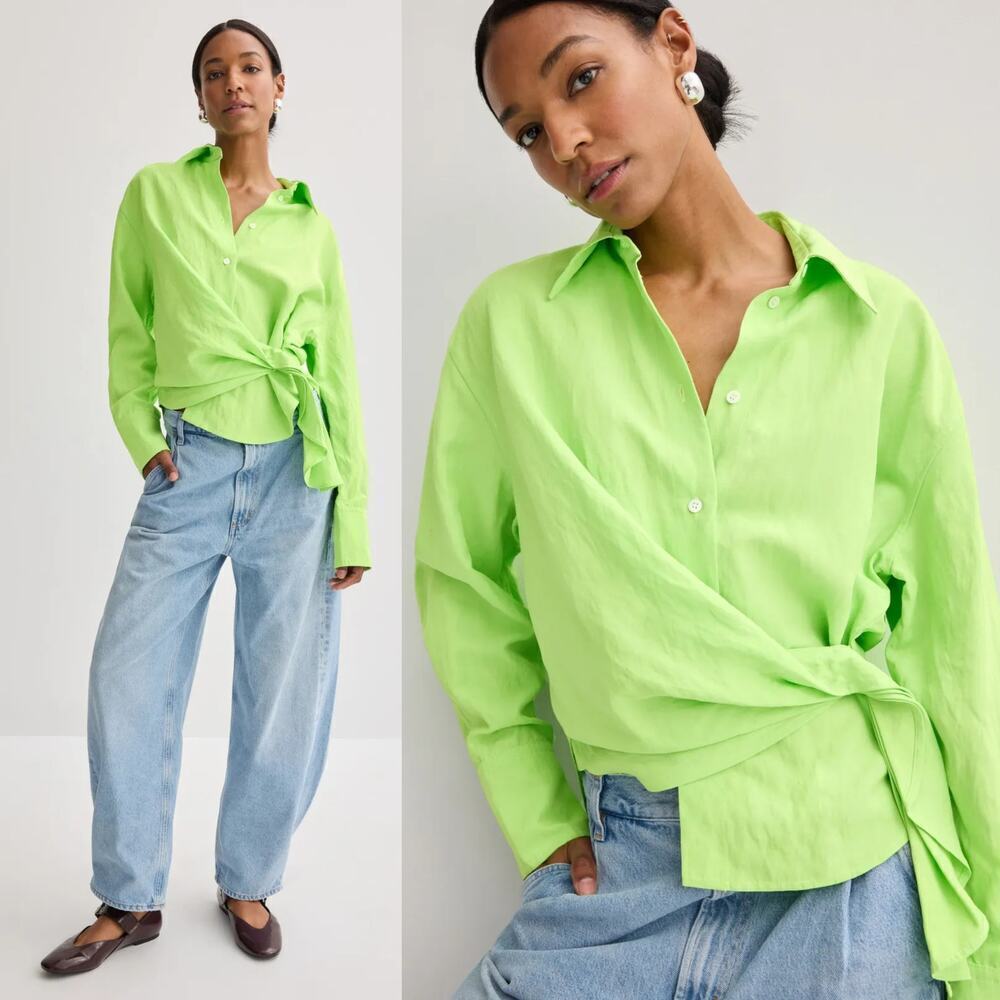 JW Anderson Draped Twisted Shirt Long Sleeve Collared Button Front Top Green 2